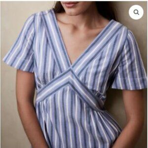 Banana Republic Flutter-Sleeve V-Neck Mini Dress (L) in Blue & White Stripe.